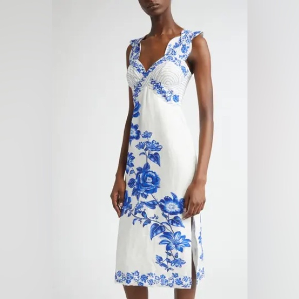 FARM RIO Floral Cascade Wavy Euroflax Premium Linen Midi Dress,Large,$280 - Picture 9 of 9